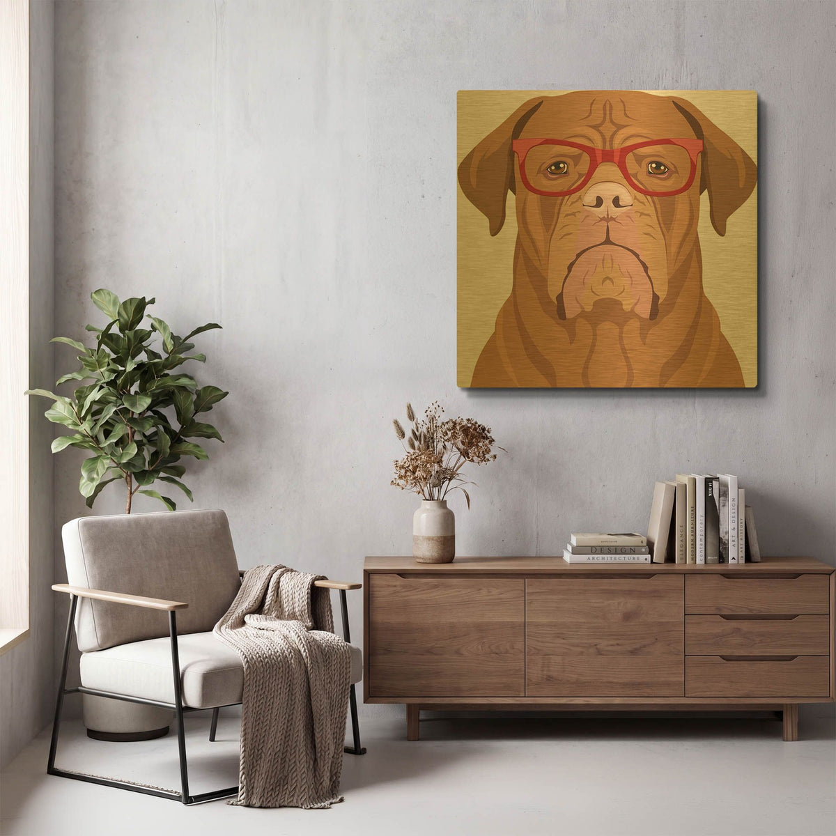 'Dogue De Bordeaux Wearing Hipster Glasses' By Furbaby Affiliates Gold Metal Wall Art