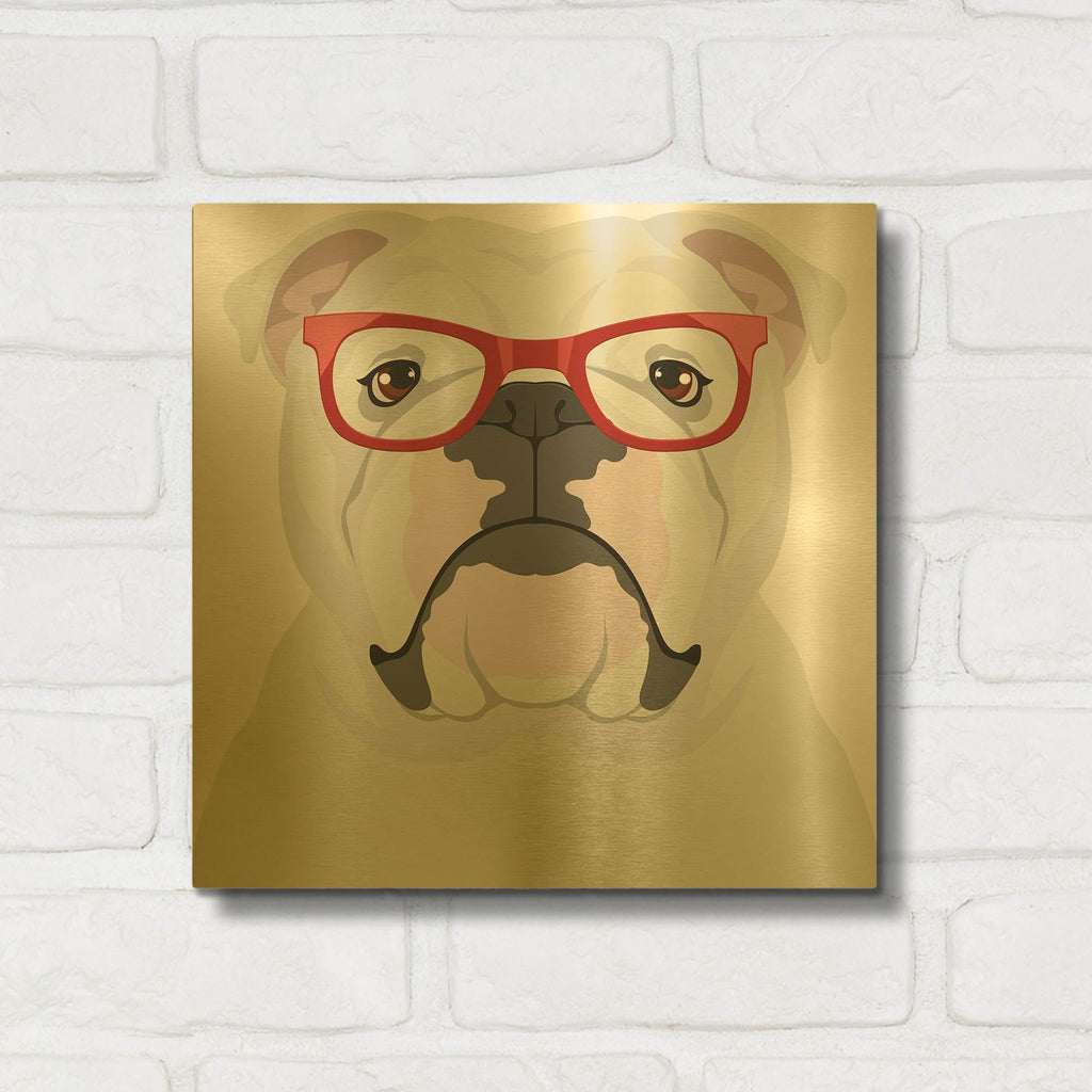 'English Bulldog Wearing Hipster Glasses' By Furbaby Affiliates Gold Metal Wall Art