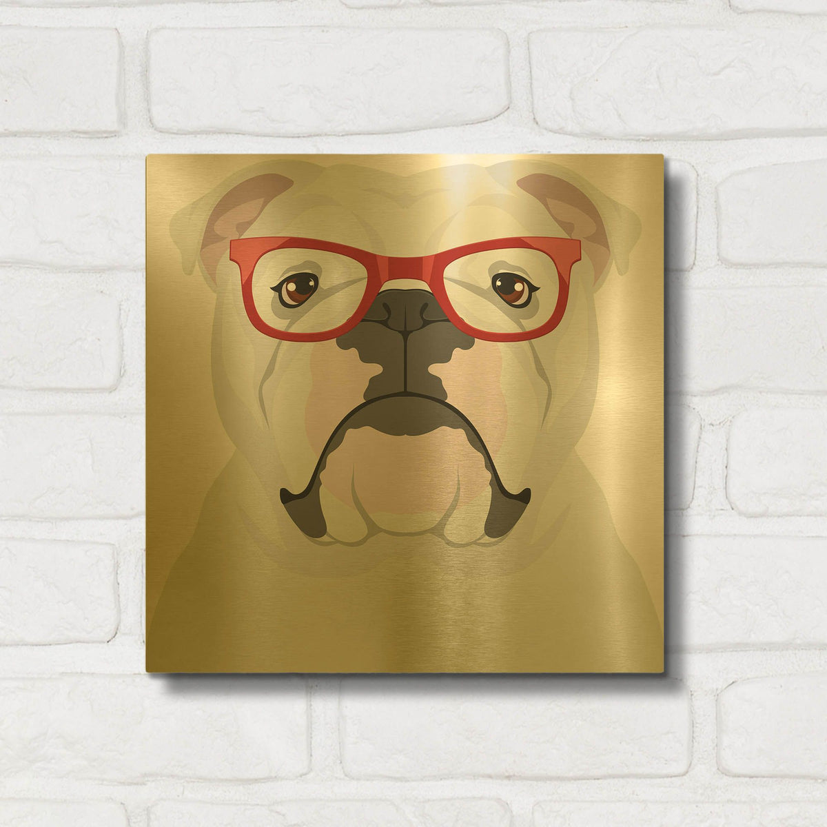 'English Bulldog Wearing Hipster Glasses' By Furbaby Affiliates Gold Metal Wall Art