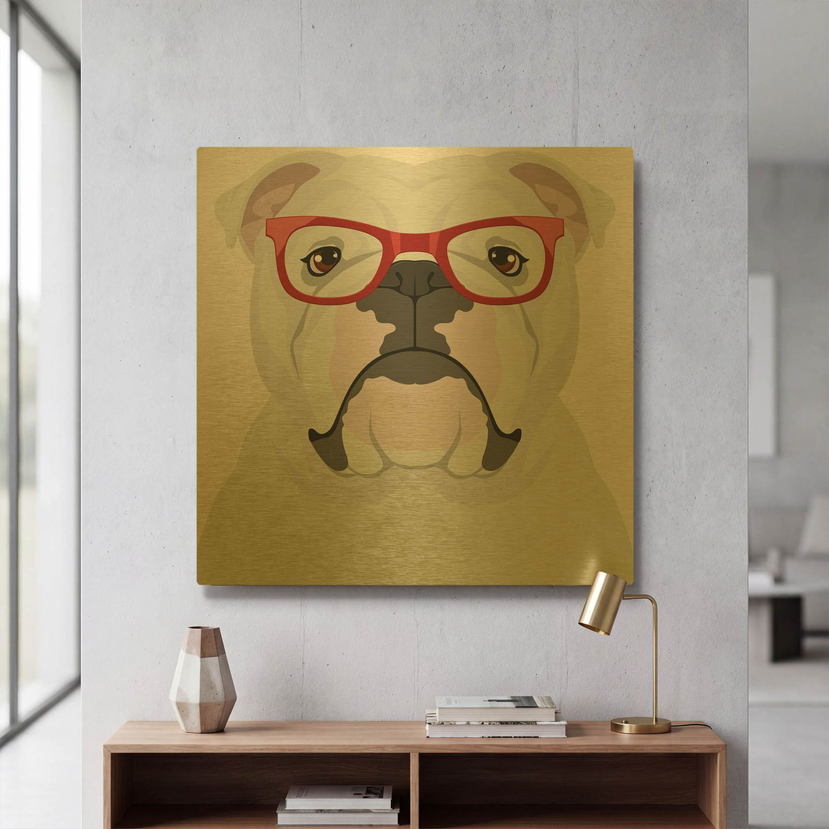 'English Bulldog Wearing Hipster Glasses' By Furbaby Affiliates Gold Metal Wall Art