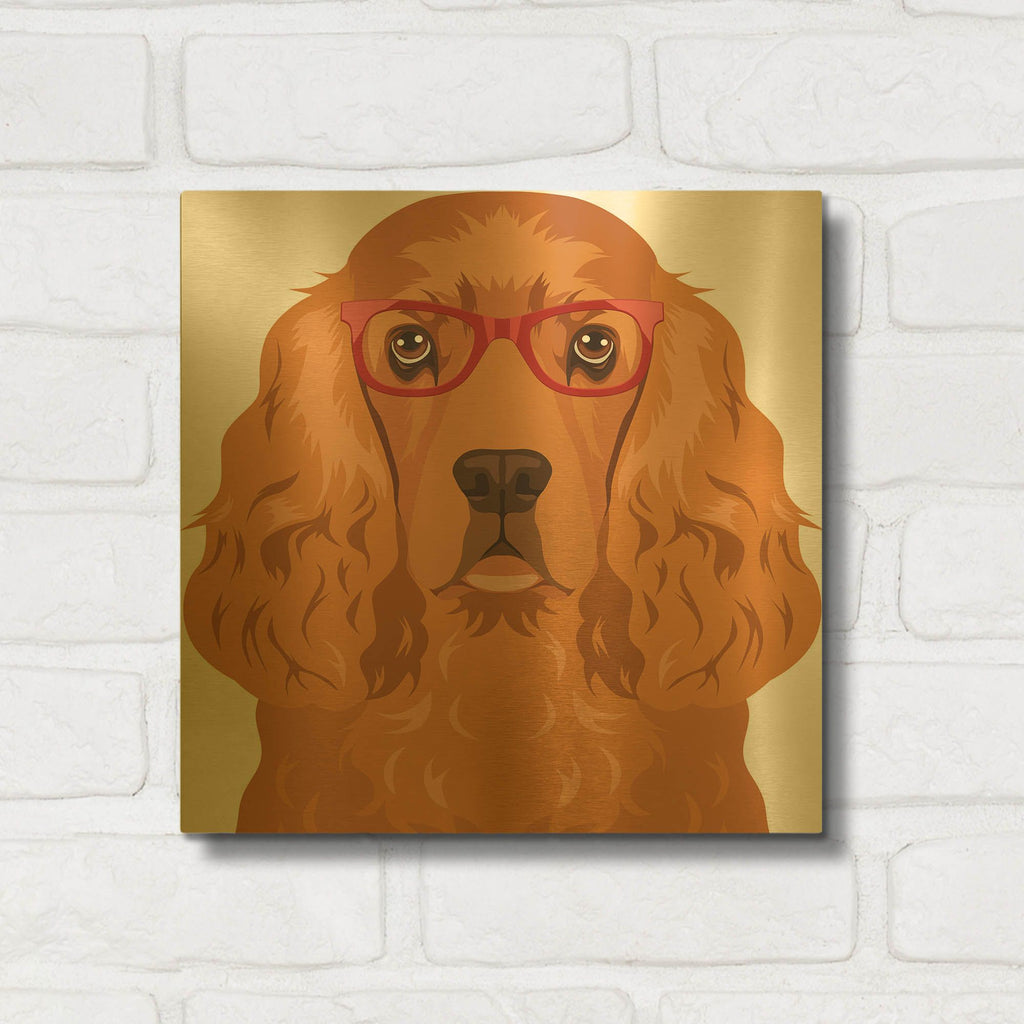 'English Cocker Spaniel Wearing Hipster Glasses' By Furbaby Affiliates Gold Metal Wall Art