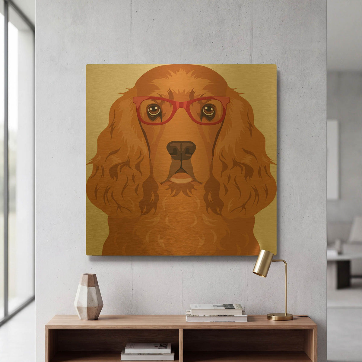 'English Cocker Spaniel Wearing Hipster Glasses' By Furbaby Affiliates Gold Metal Wall Art