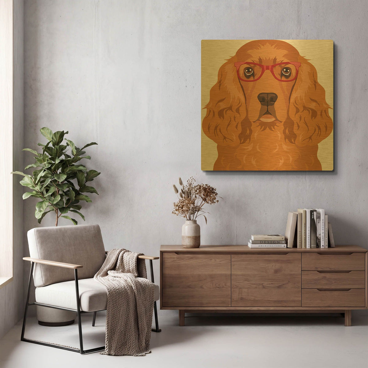 'English Cocker Spaniel Wearing Hipster Glasses' By Furbaby Affiliates Gold Metal Wall Art