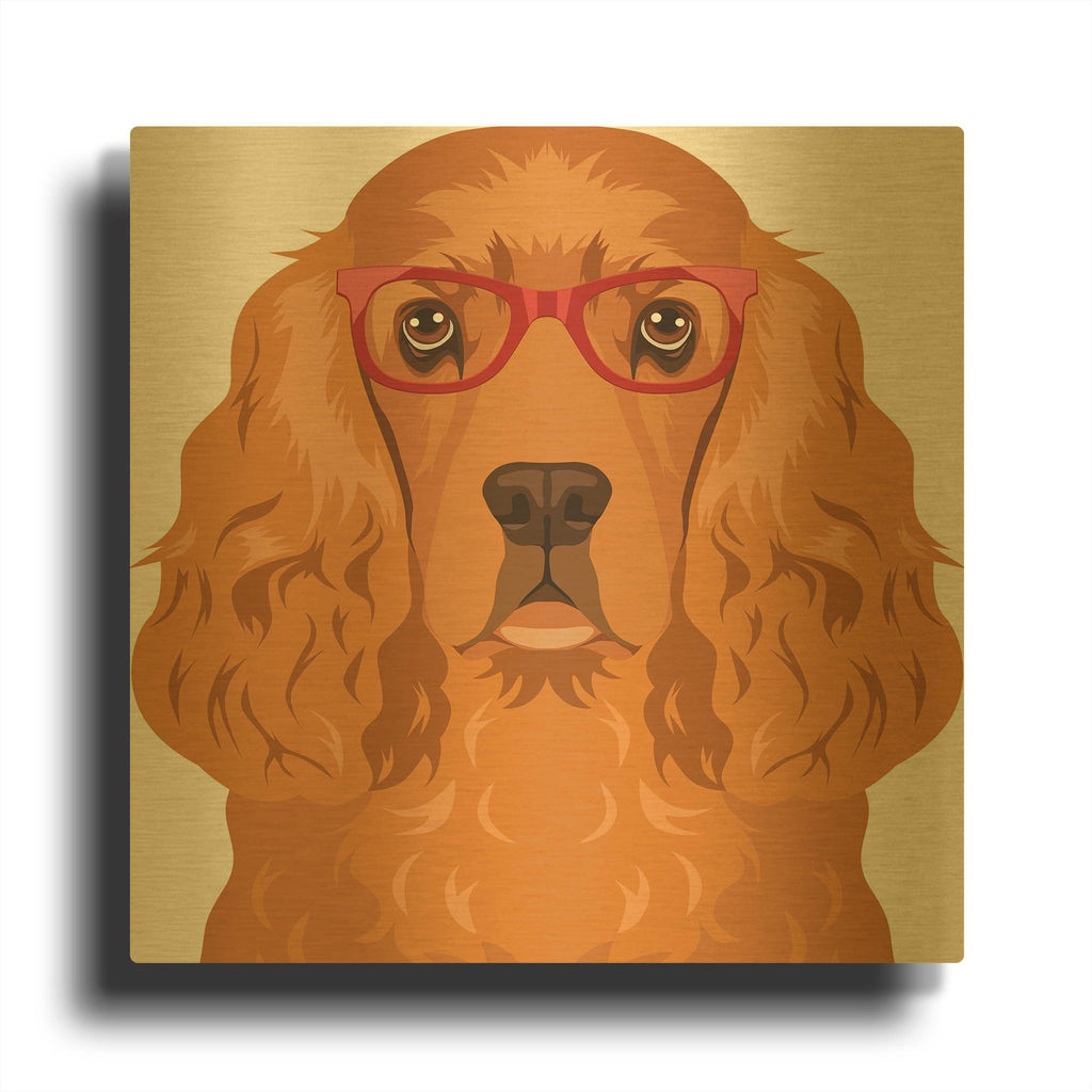 'English Cocker Spaniel Wearing Hipster Glasses' By Furbaby Affiliates Gold Metal Wall Art