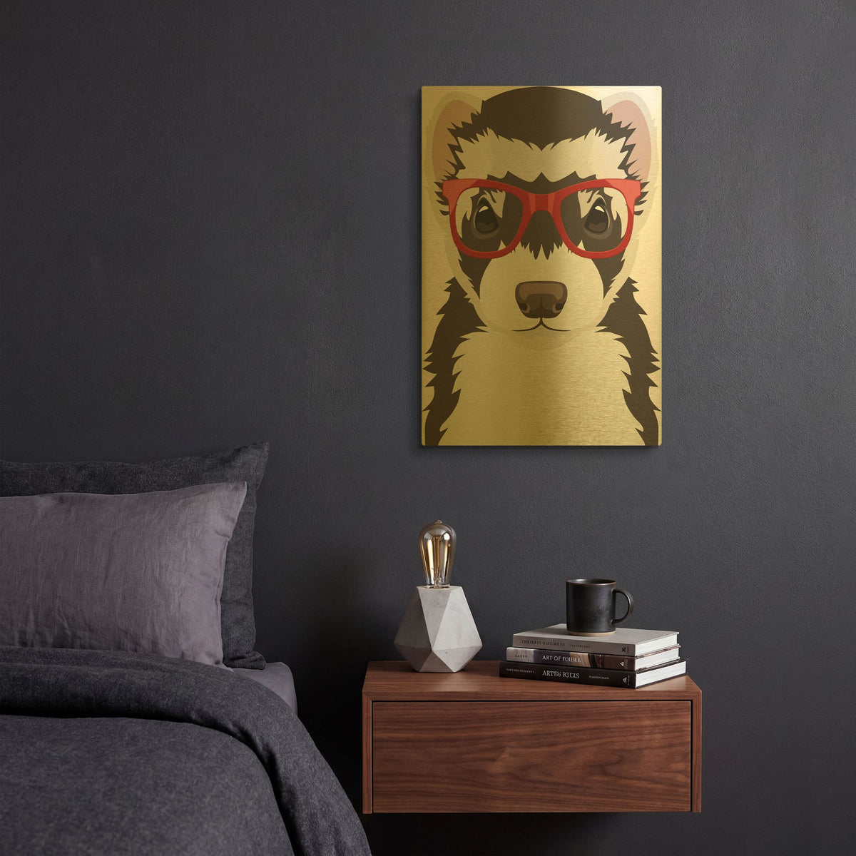 'Ferret Wearing Hipster Glasses 3' By Furbaby Affiliates Gold Metal Wall Art
