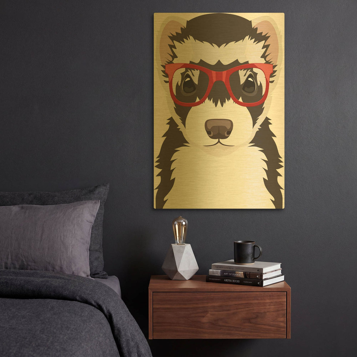 'Ferret Wearing Hipster Glasses 3' By Furbaby Affiliates Gold Metal Wall Art
