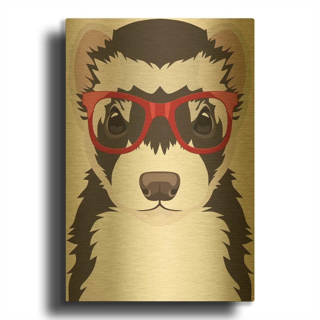 'Ferret Wearing Hipster Glasses 3' By Furbaby Affiliates Gold Metal Wall Art