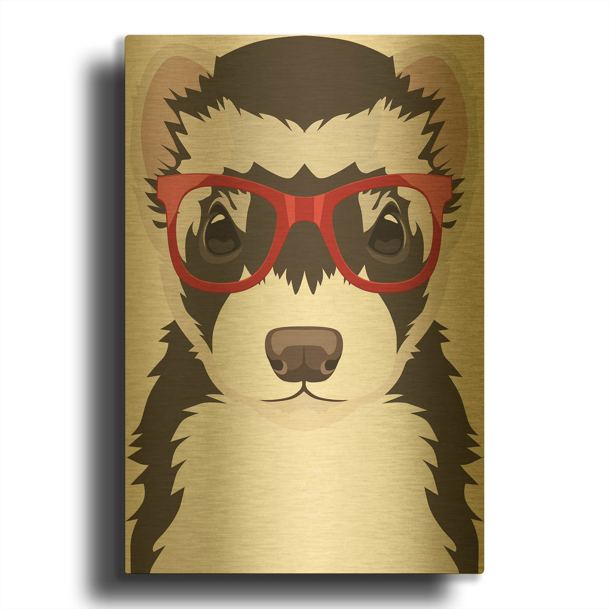 'Ferret Wearing Hipster Glasses 3' By Furbaby Affiliates Gold Metal Wall Art