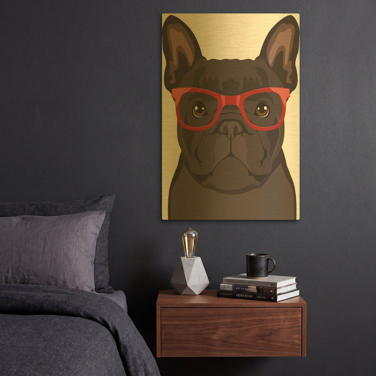 'French Bulldog Wearing Hipster Glasses 2' By Furbaby Affiliates Gold Metal Wall Art