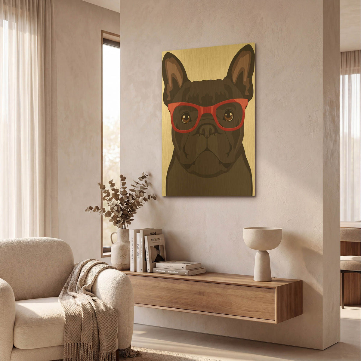 'French Bulldog Wearing Hipster Glasses 2' By Furbaby Affiliates Gold Metal Wall Art