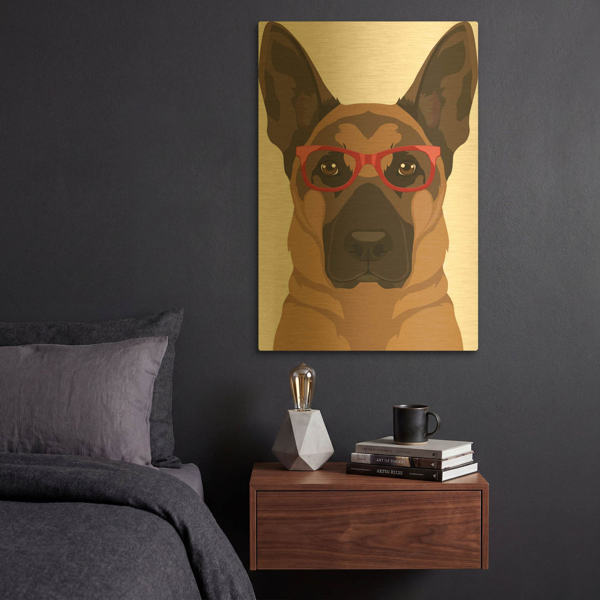 'German Shepherd Wearing Hipster Glasses' By Furbaby Affiliates Gold Metal Wall Art