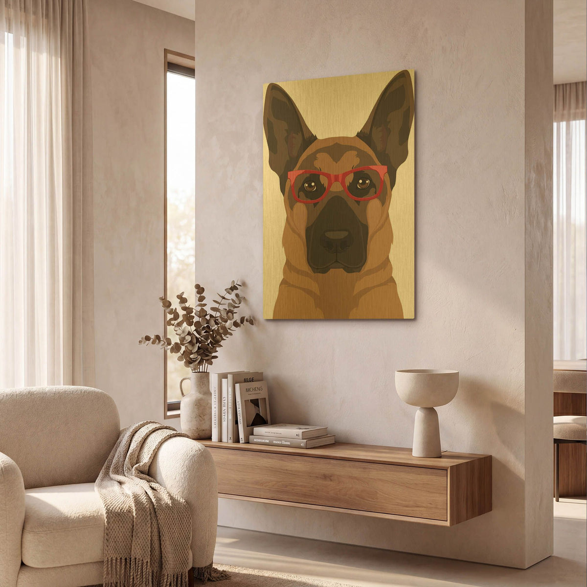 'German Shepherd Wearing Hipster Glasses' By Furbaby Affiliates Gold Metal Wall Art