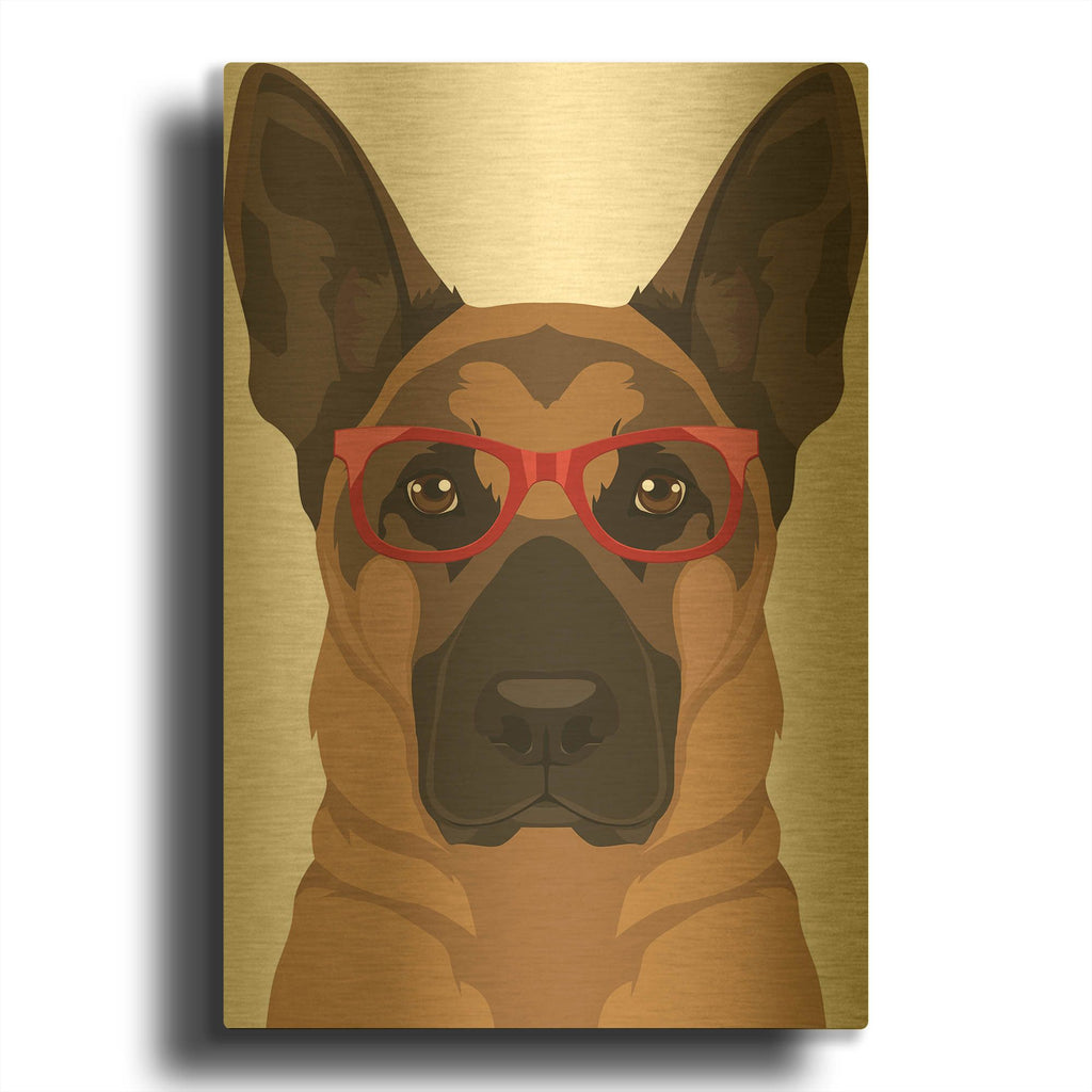 'German Shepherd Wearing Hipster Glasses' By Furbaby Affiliates Gold Metal Wall Art