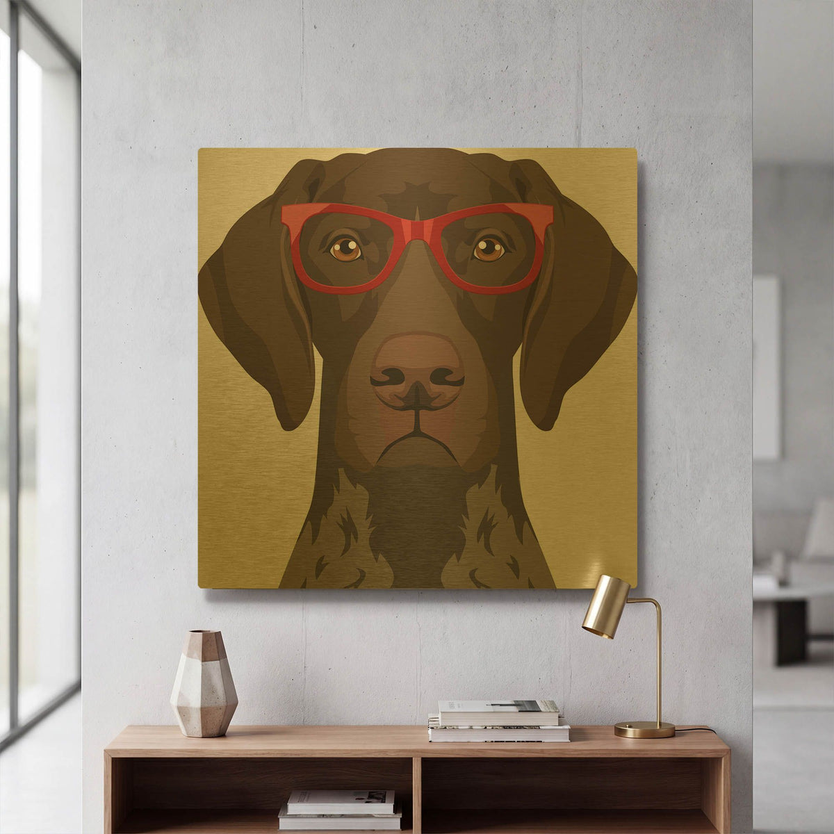 'German Shorthaired Pointer Wearing Hipster Glasses' By Furbaby Affiliates Gold Metal Wall Art