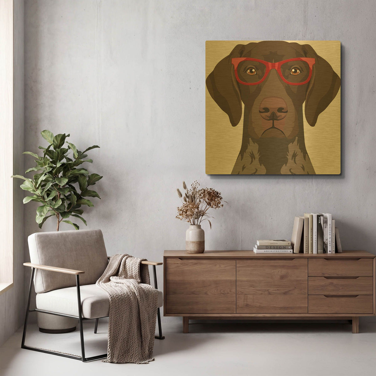 'German Shorthaired Pointer Wearing Hipster Glasses' By Furbaby Affiliates Gold Metal Wall Art