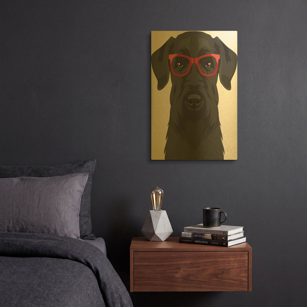 'Giant Schnauzer Wearing Hipster Glasses' By Furbaby Affiliates Gold Metal Wall Art