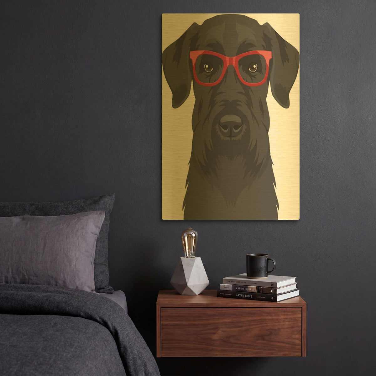 'Giant Schnauzer Wearing Hipster Glasses' By Furbaby Affiliates Gold Metal Wall Art