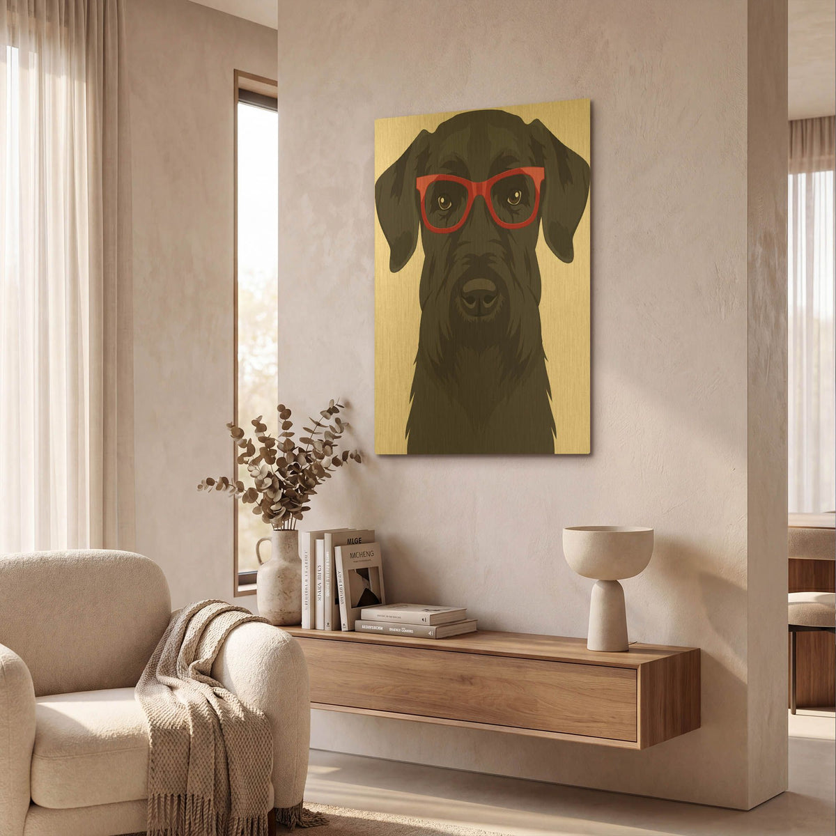 'Giant Schnauzer Wearing Hipster Glasses' By Furbaby Affiliates Gold Metal Wall Art