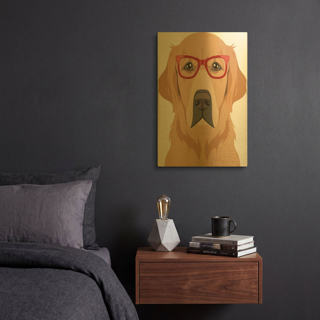 'Golden Retriever Wearing Hipster Glasses' By Furbaby Affiliates Gold Metal Wall Art