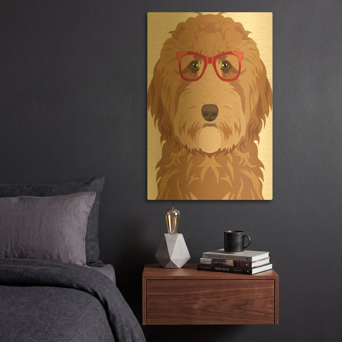 'Goldendoodle Wearing Hipster Glasses' By Furbaby Affiliates Gold Metal Wall Art