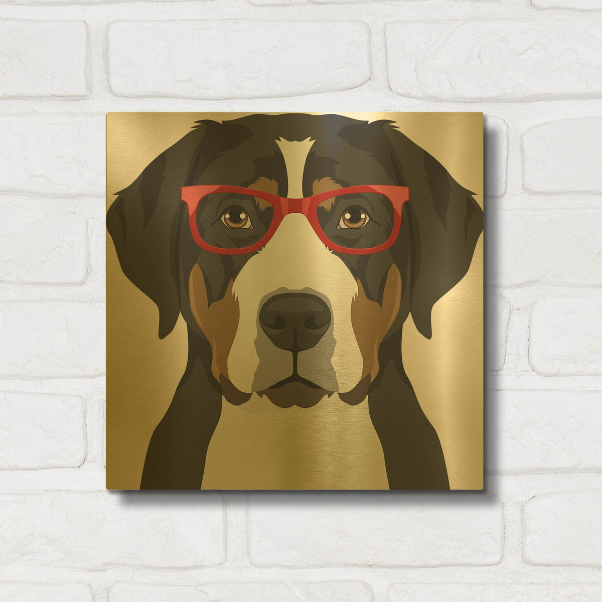 'Greater Swiss Mountain Dog Wearing Hipster Glasses' By Furbaby Affiliates Gold Metal Wall Art