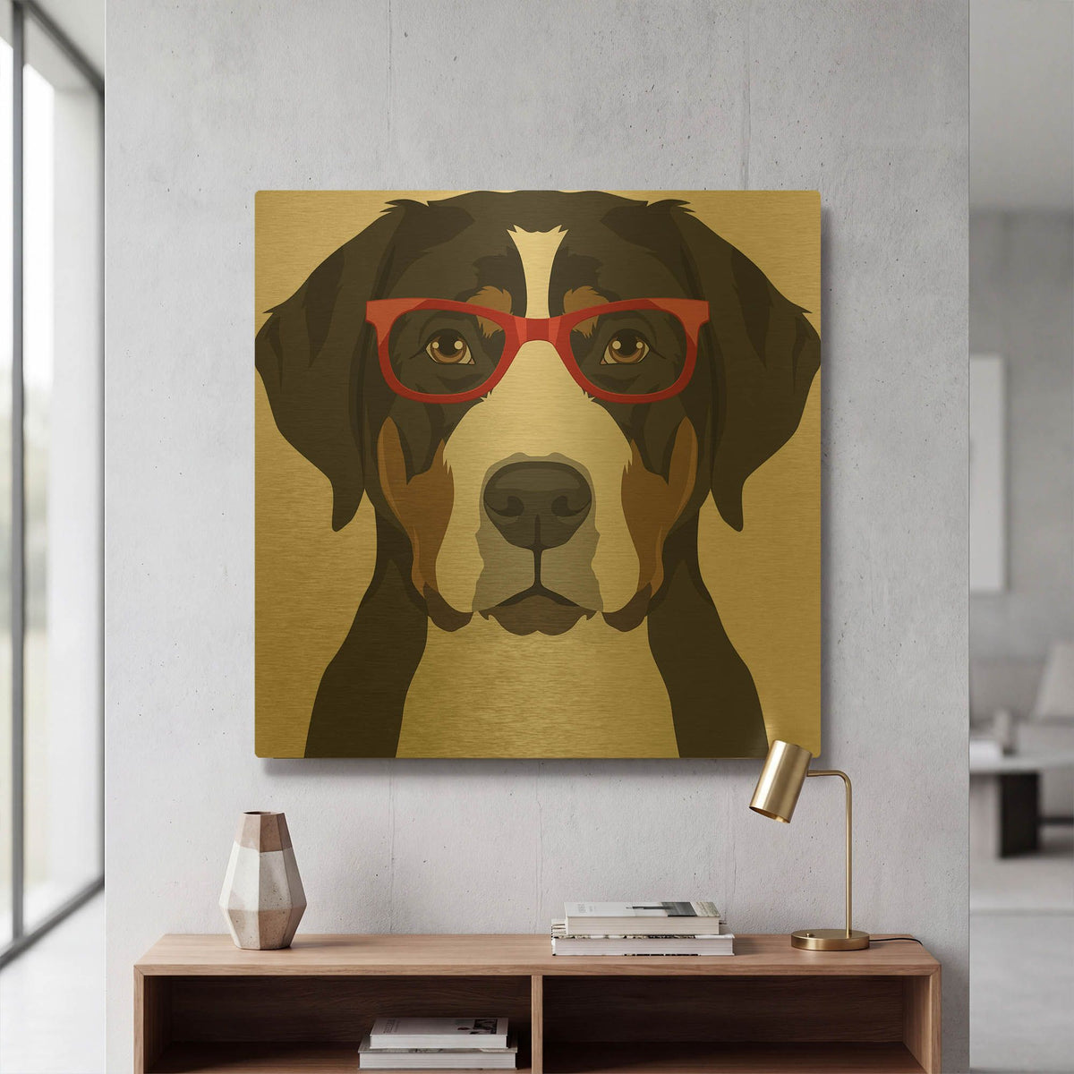 'Greater Swiss Mountain Dog Wearing Hipster Glasses' By Furbaby Affiliates Gold Metal Wall Art