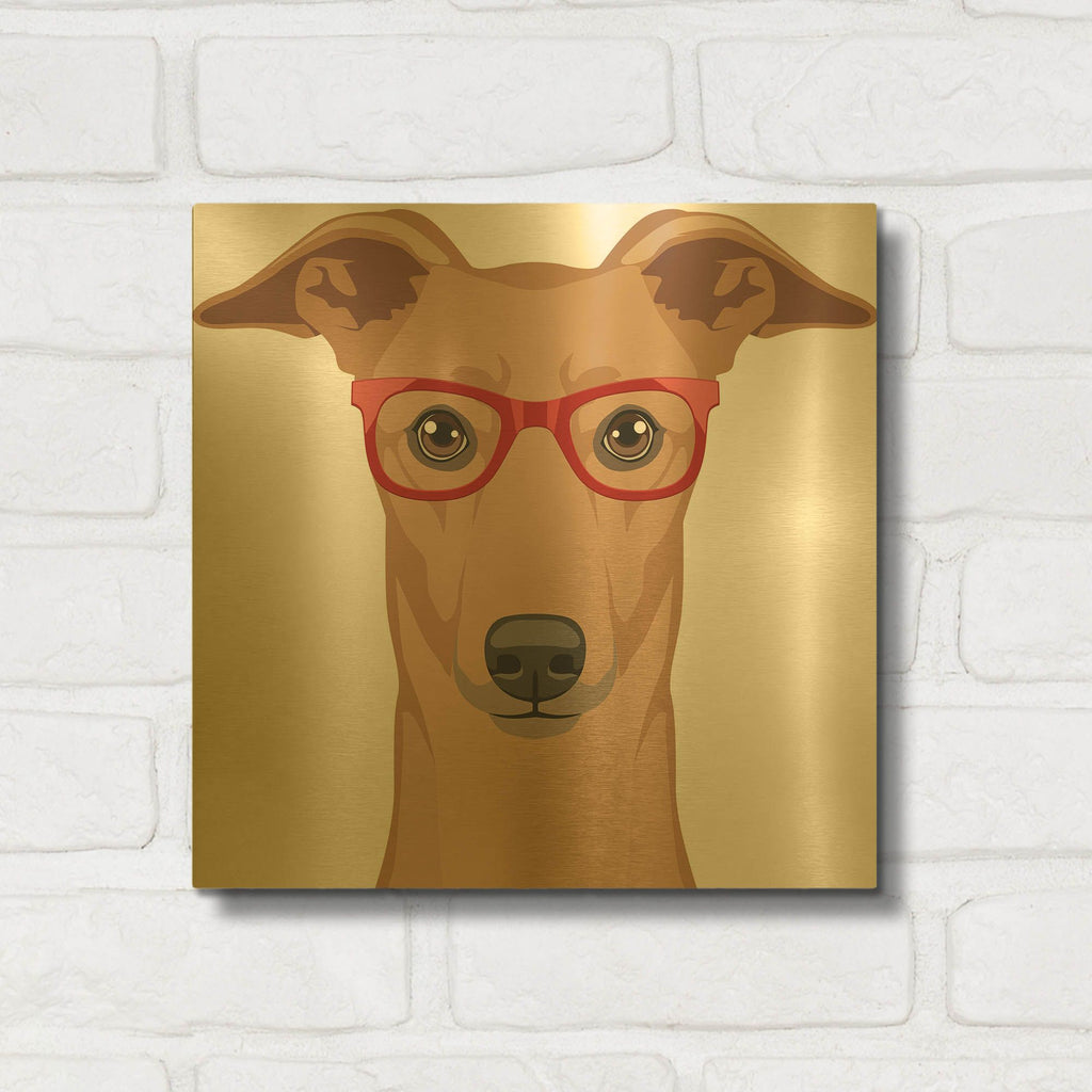 'Greyhound Wearing Hipster Glasses' By Furbaby Affiliates Gold Metal Wall Art
