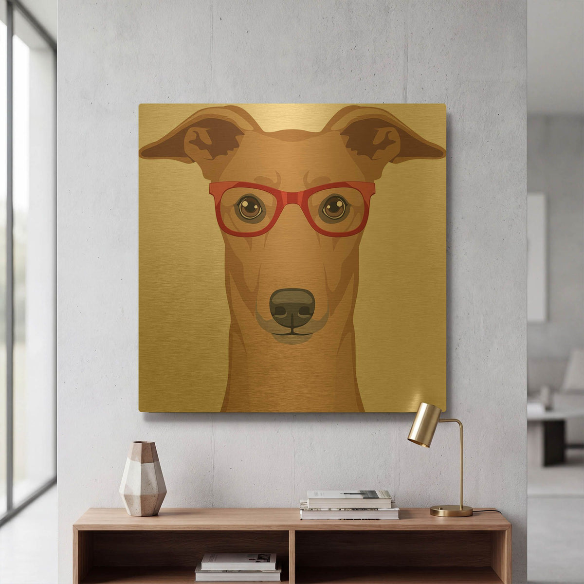 'Greyhound Wearing Hipster Glasses' By Furbaby Affiliates Gold Metal Wall Art