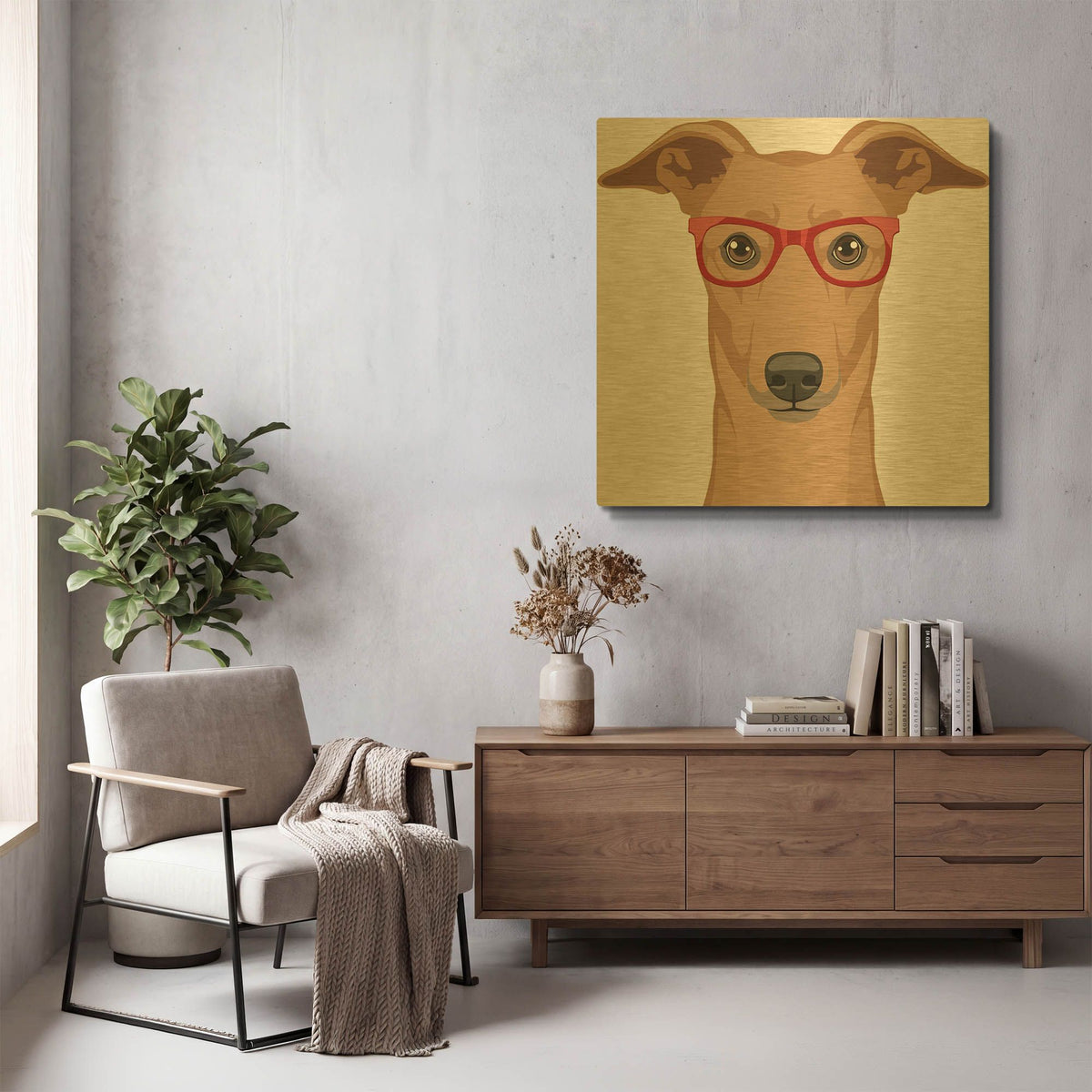'Greyhound Wearing Hipster Glasses' By Furbaby Affiliates Gold Metal Wall Art