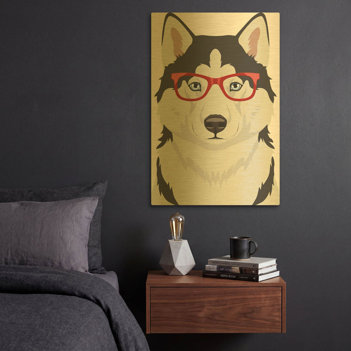 'Husky Wearing Hipster Glasses 2' By Furbaby Affiliates Gold Metal Wall Art