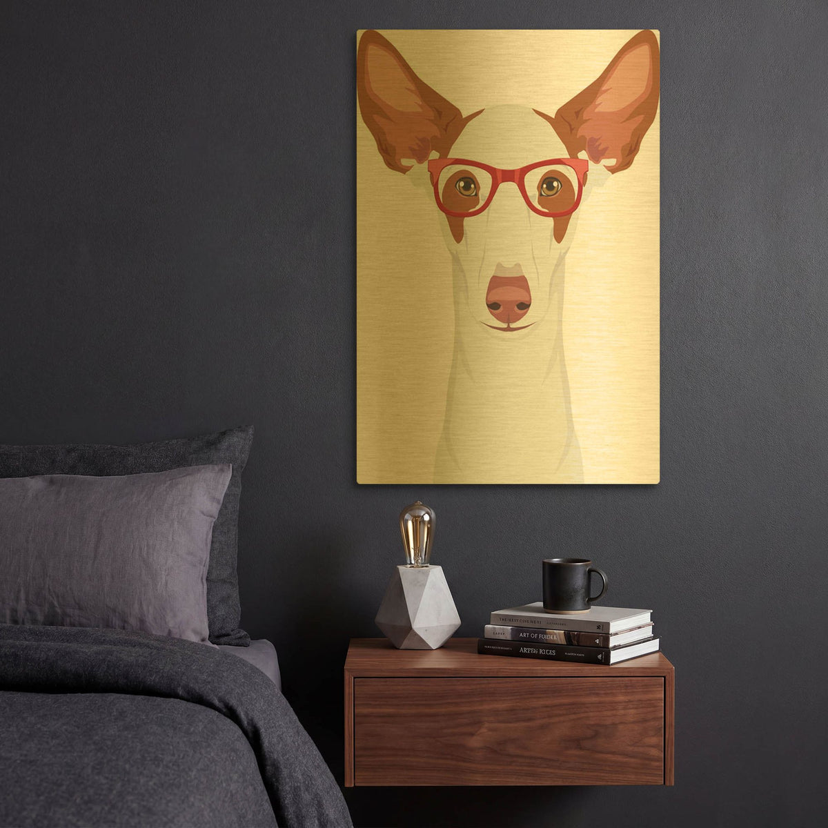 'Ibizan Hound Wearing Hipster Glasses' By Furbaby Affiliates Gold Metal Wall Art