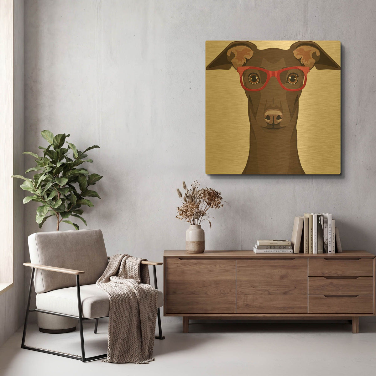 'Italian Greyhound Wearing Hipster Glasses' By Furbaby Affiliates Gold Metal Wall Art
