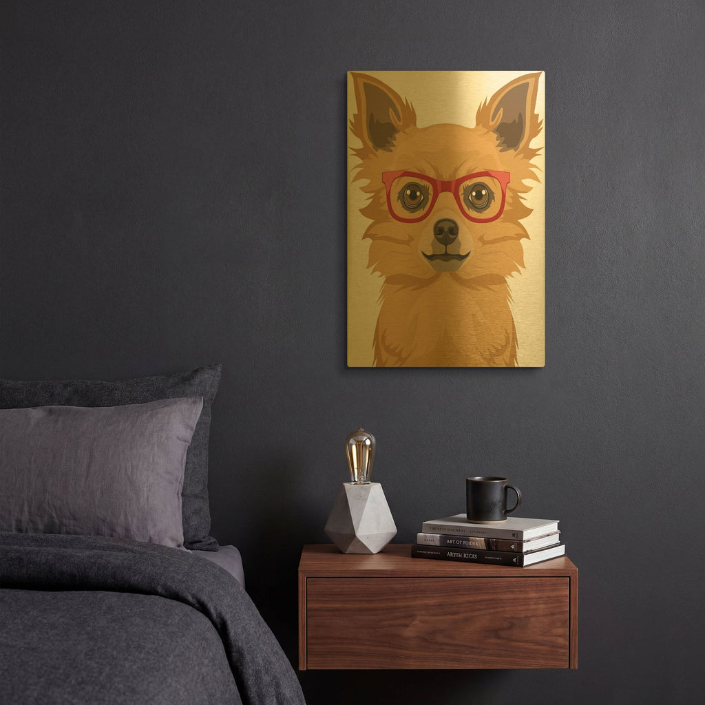 'Long Haired Chihuahua Wearing Hipster Glasses' By Furbaby Affiliates Gold Metal Wall Art