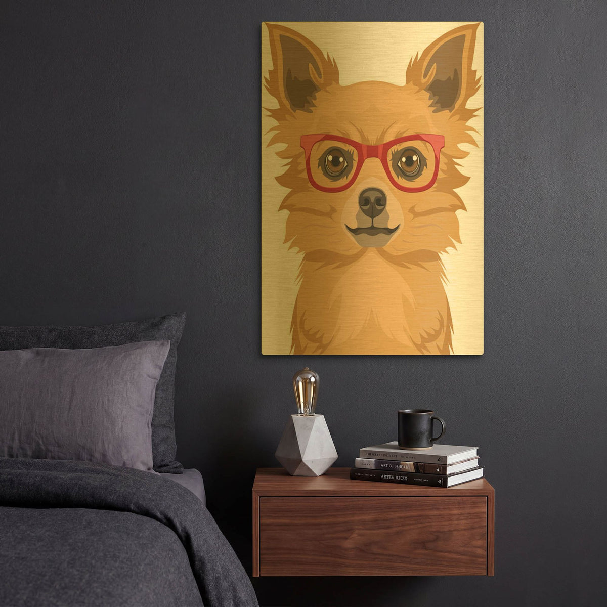 'Long Haired Chihuahua Wearing Hipster Glasses' By Furbaby Affiliates Gold Metal Wall Art