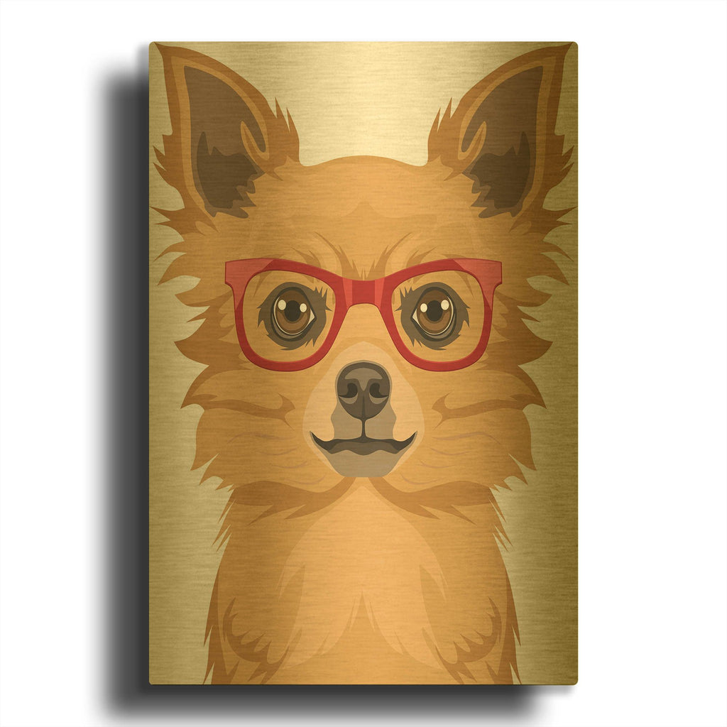 'Long Haired Chihuahua Wearing Hipster Glasses' By Furbaby Affiliates Gold Metal Wall Art