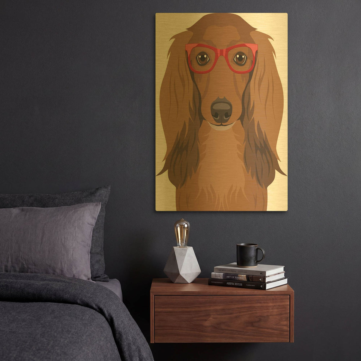'Long Haired Dachshund Wearing Hipster Glasses' By Furbaby Affiliates Gold Metal Wall Art