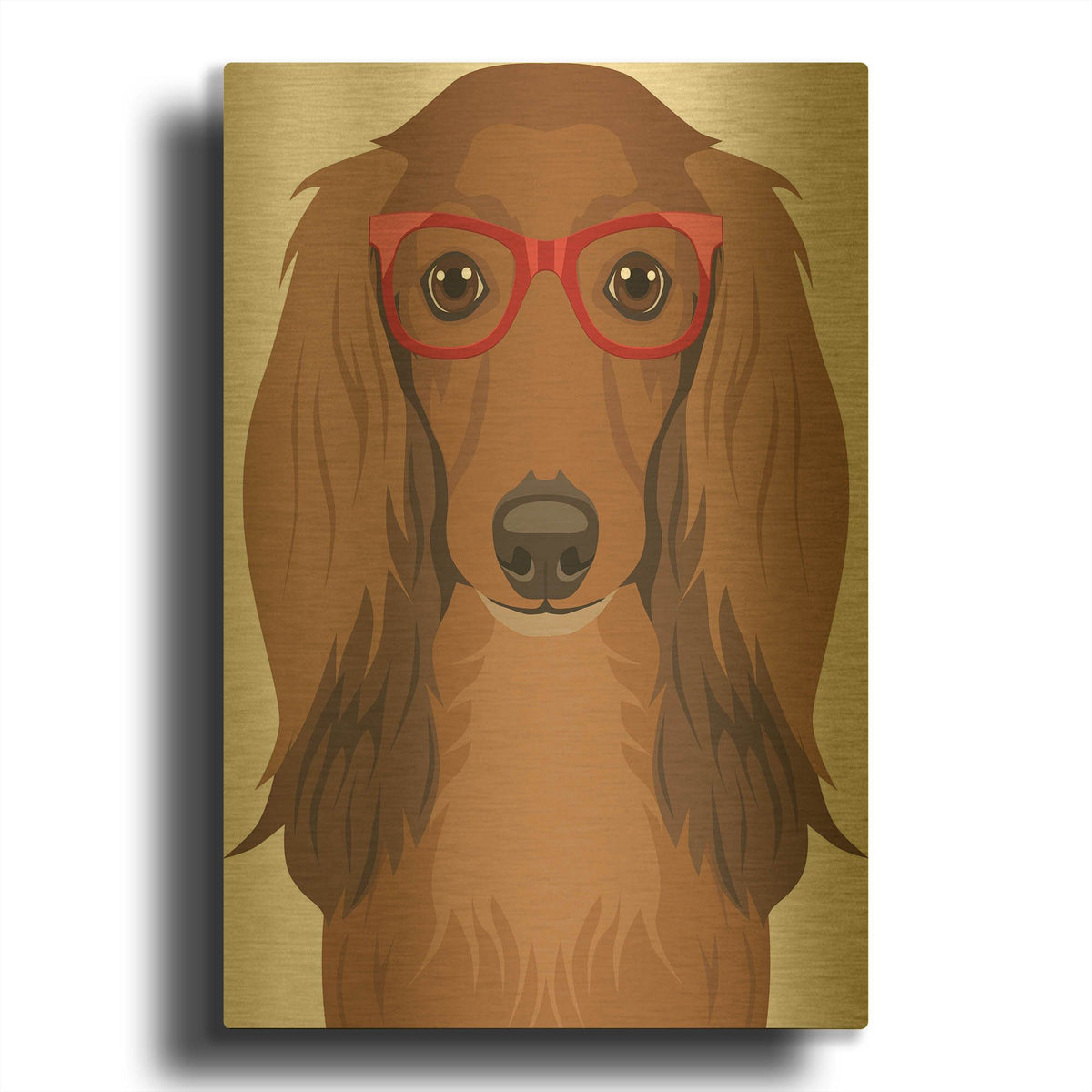 'Long Haired Dachshund Wearing Hipster Glasses' By Furbaby Affiliates Gold Metal Wall Art