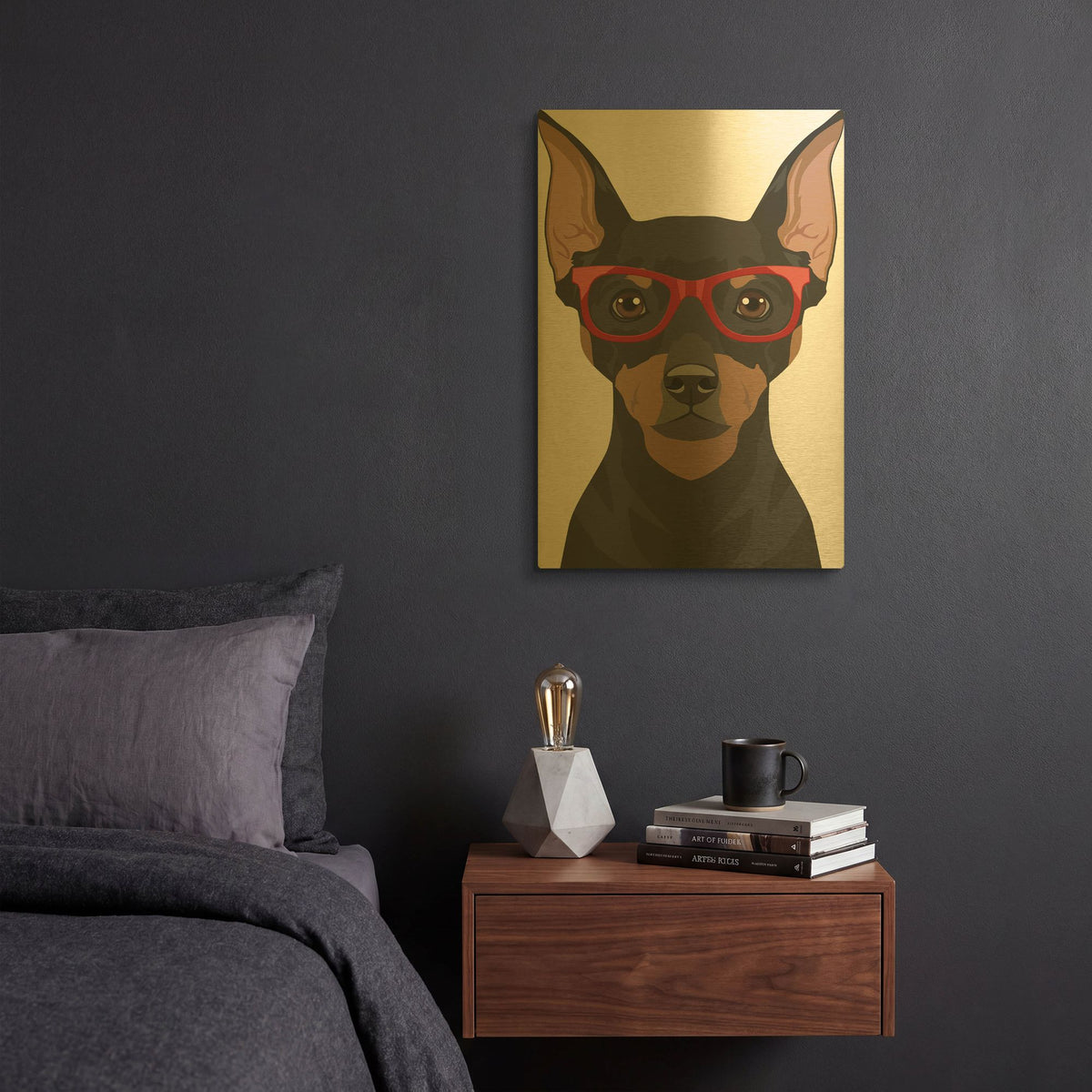'Miniature Pinscher Wearing Hipster Glasses 2' By Furbaby Affiliates Gold Metal Wall Art