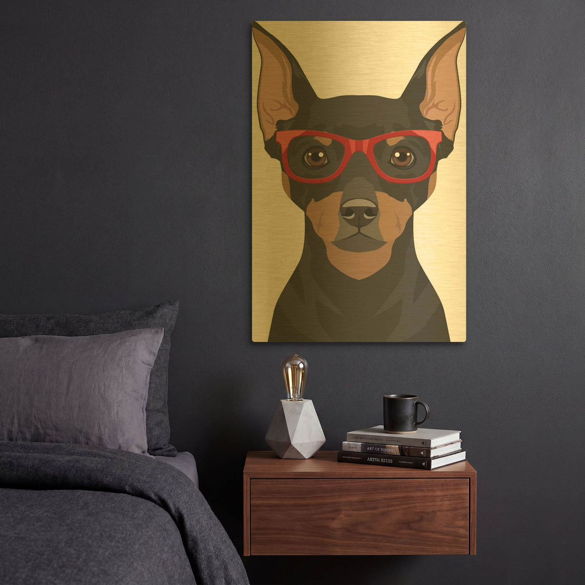 'Miniature Pinscher Wearing Hipster Glasses 2' By Furbaby Affiliates Gold Metal Wall Art
