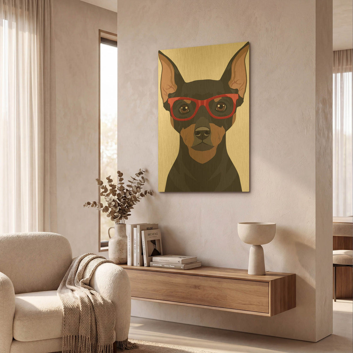 'Miniature Pinscher Wearing Hipster Glasses 2' By Furbaby Affiliates Gold Metal Wall Art