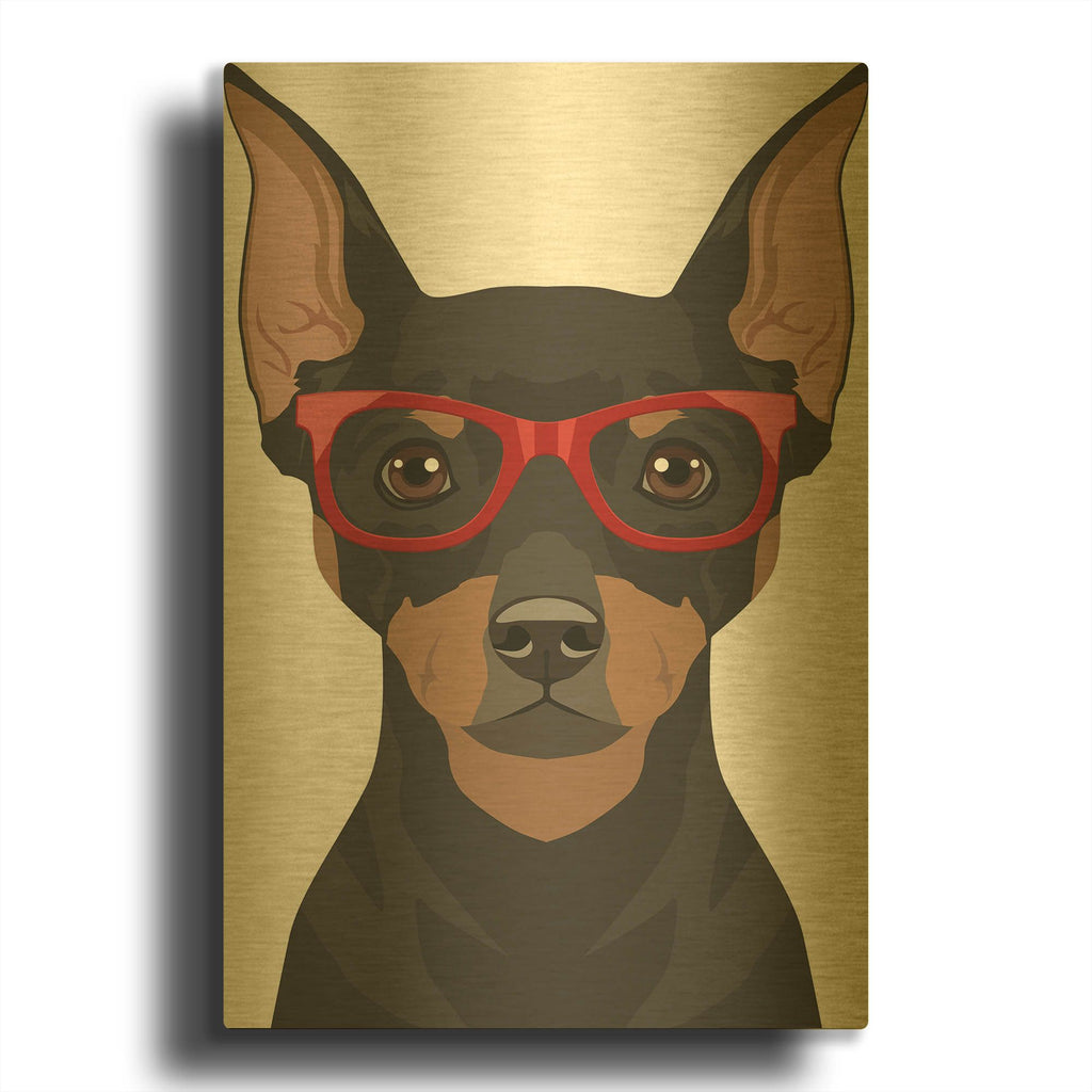 'Miniature Pinscher Wearing Hipster Glasses 2' By Furbaby Affiliates Gold Metal Wall Art