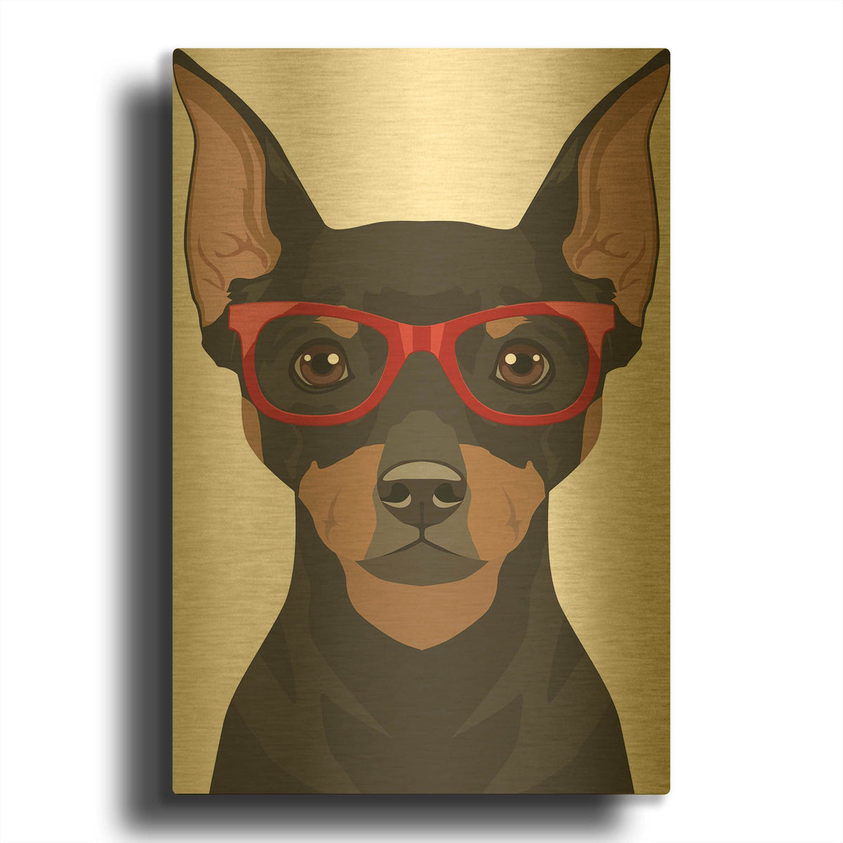 'Miniature Pinscher Wearing Hipster Glasses 2' By Furbaby Affiliates Gold Metal Wall Art