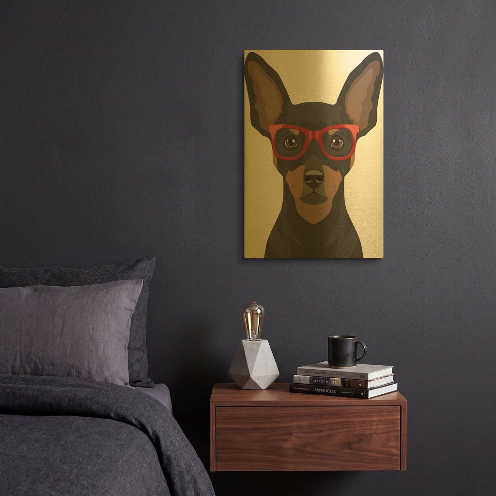 'Miniature Pinscher Wearing Hipster Glasses' By Furbaby Affiliates Gold Metal Wall Art