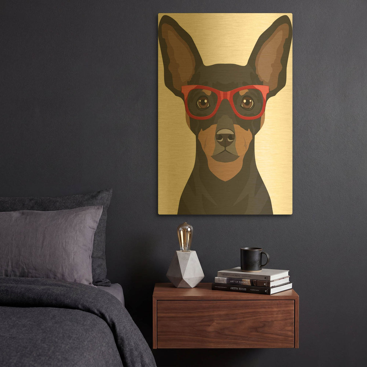 'Miniature Pinscher Wearing Hipster Glasses' By Furbaby Affiliates Gold Metal Wall Art