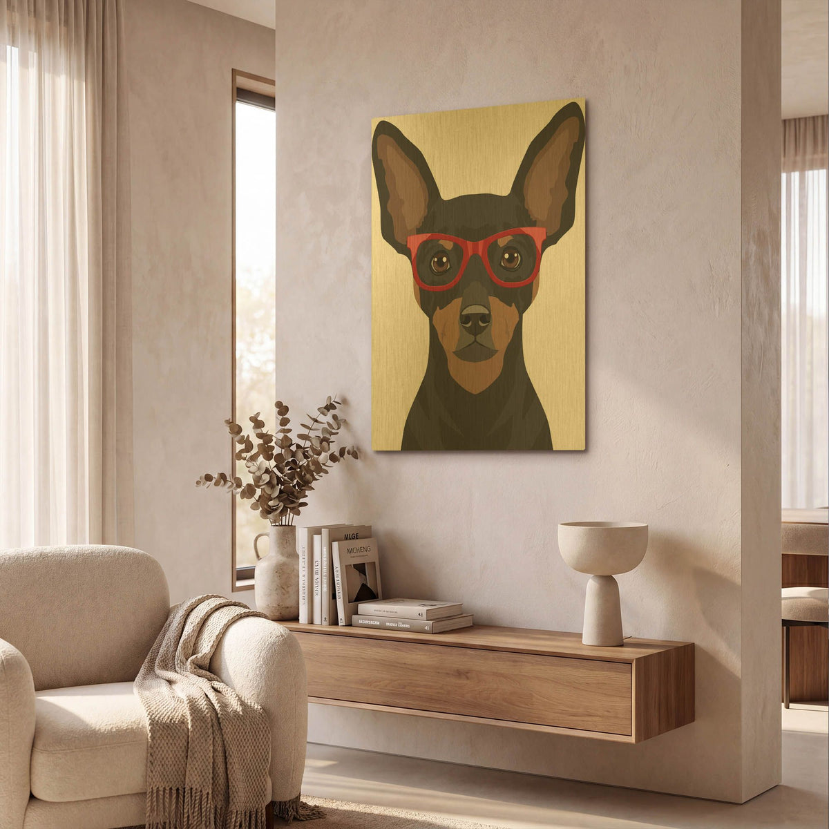 'Miniature Pinscher Wearing Hipster Glasses' By Furbaby Affiliates Gold Metal Wall Art