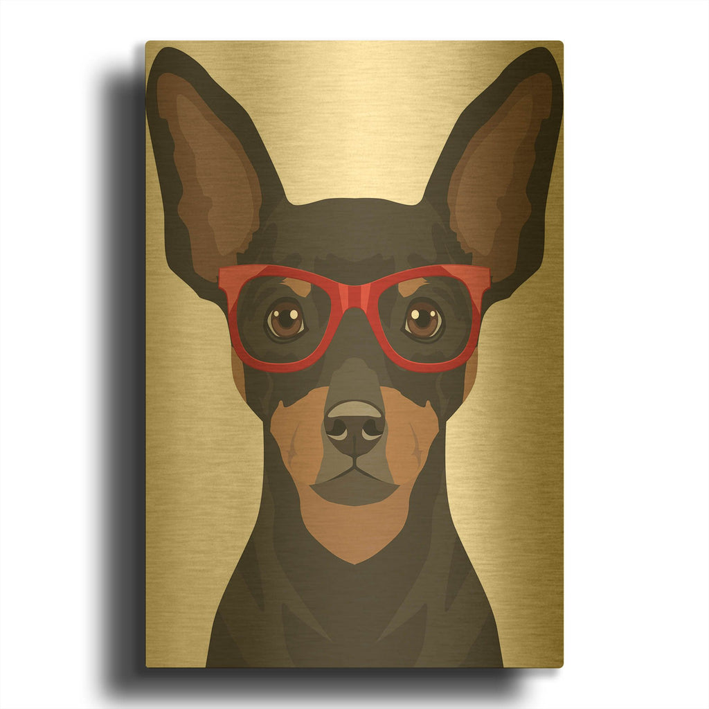 'Miniature Pinscher Wearing Hipster Glasses' By Furbaby Affiliates Gold Metal Wall Art