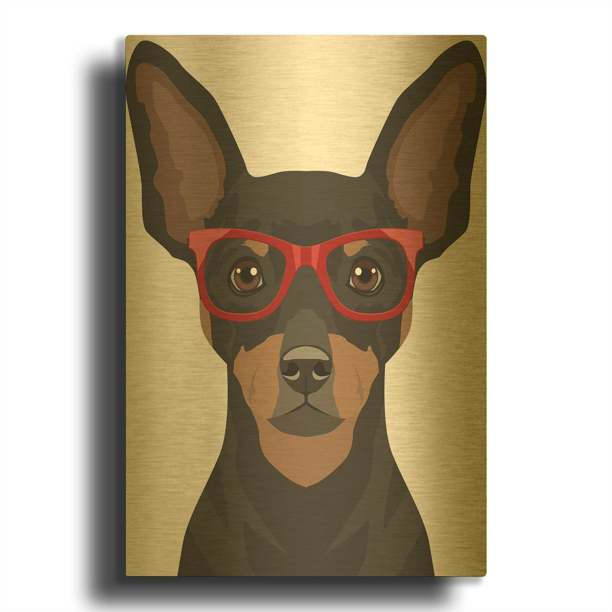 'Miniature Pinscher Wearing Hipster Glasses' By Furbaby Affiliates Gold Metal Wall Art