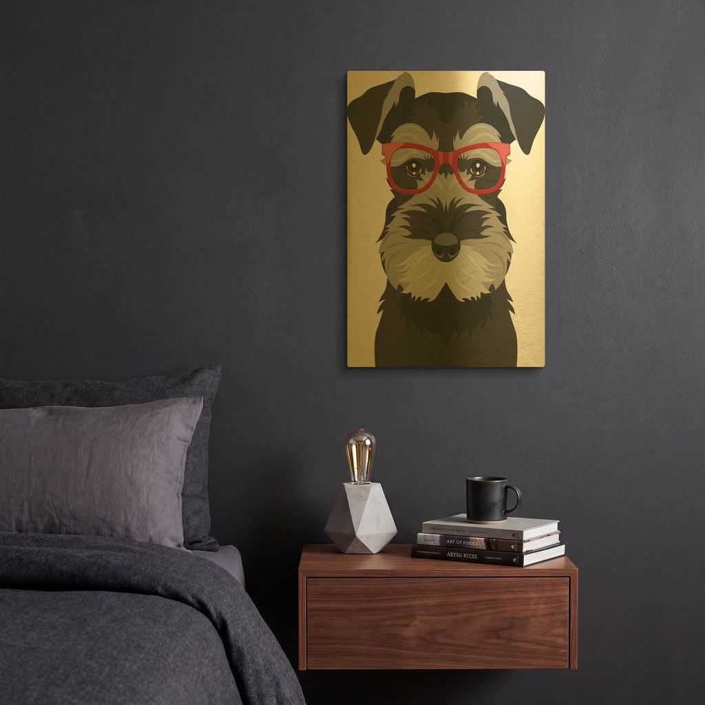 'Miniature Schnauzer Wearing Hipster Glasses' By Furbaby Affiliates Gold Metal Wall Art