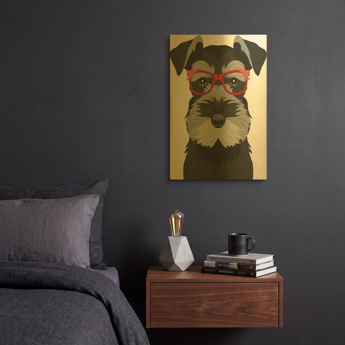 'Miniature Schnauzer Wearing Hipster Glasses' By Furbaby Affiliates Gold Metal Wall Art