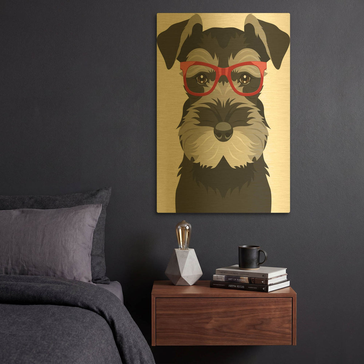 'Miniature Schnauzer Wearing Hipster Glasses' By Furbaby Affiliates Gold Metal Wall Art